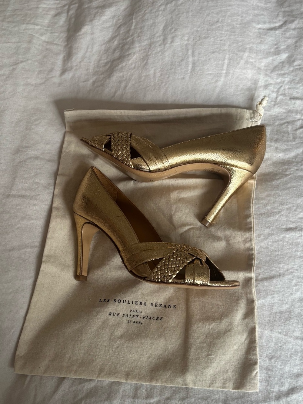 Sezane Metallic Gold Braided Peep-Toe Pumps - Picture 11 of 12